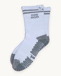 Dog Mom grip socks in white with grey stripes and grip sole, flat lay