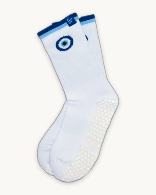 Evil Eye grip socks, flat lay