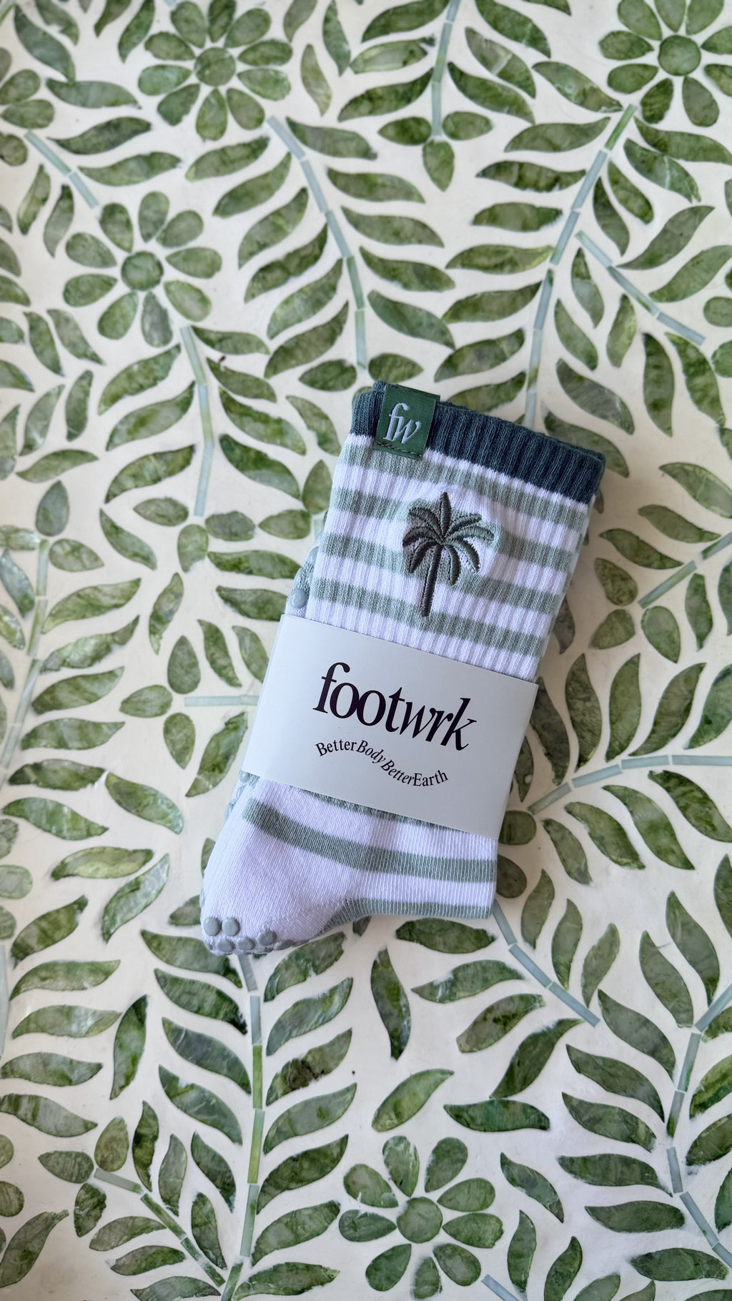 Palm Trees grip socks in Footwrk packaging