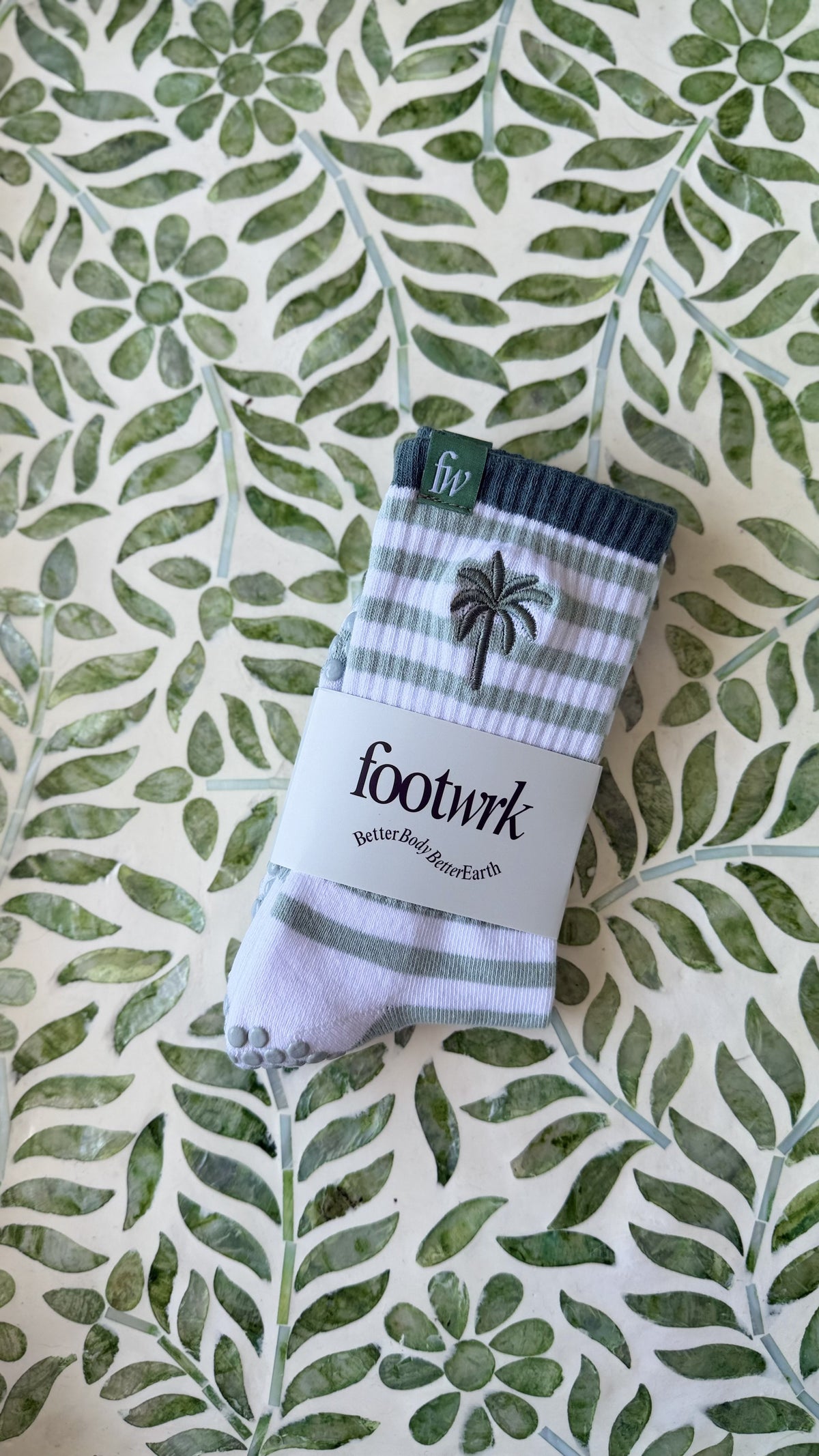Palm Trees grip socks in Footwrk packaging