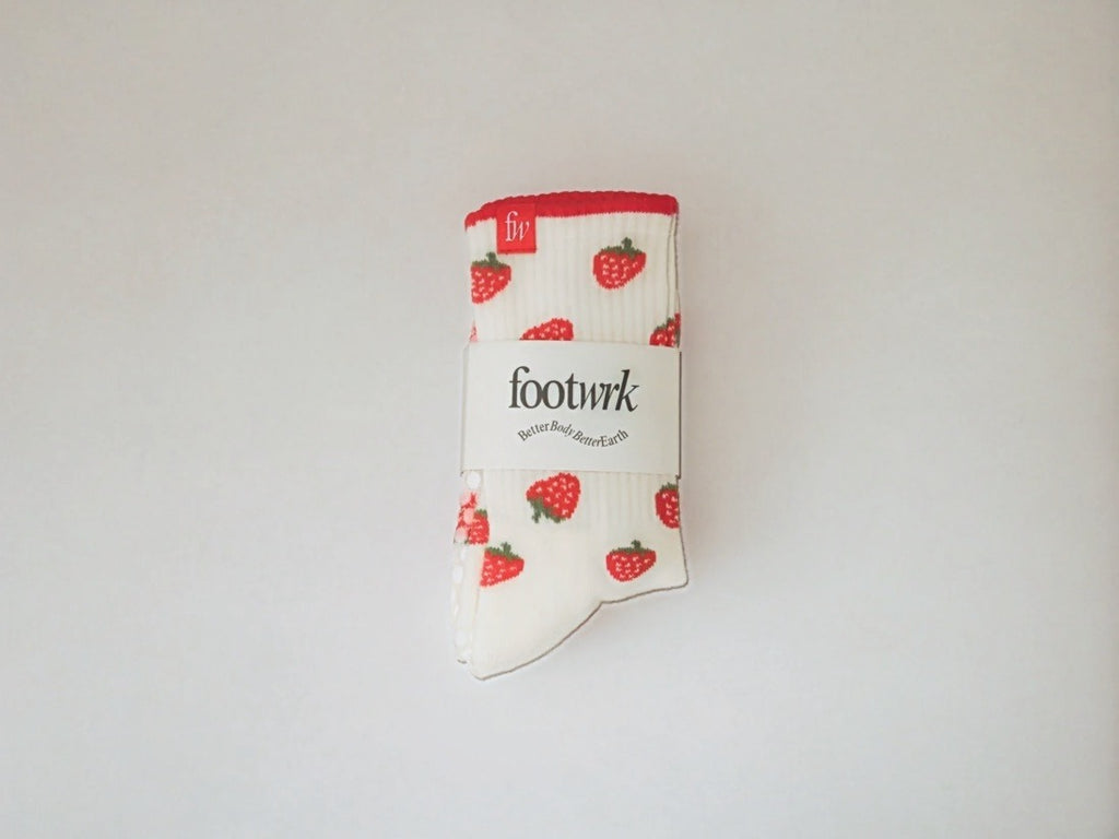 Strawberry Fields grip socks in Footwrk packaging